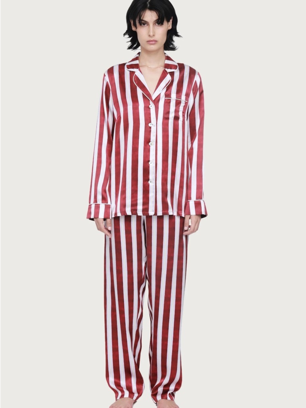 Ginia Red and White Striped Silk Pajama Set - XS